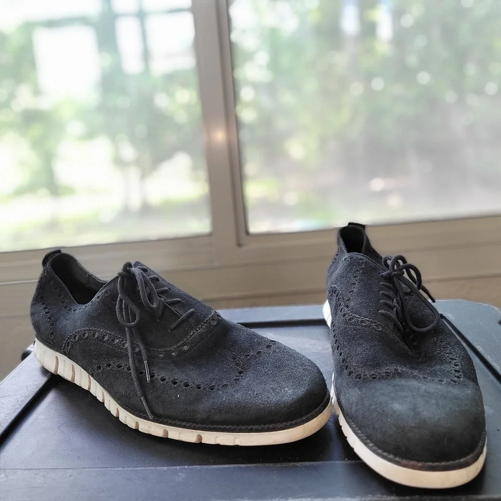 COLE HAAN ZEROGRAND Men's 13 Black Suede Wingtip Perforated Shoes